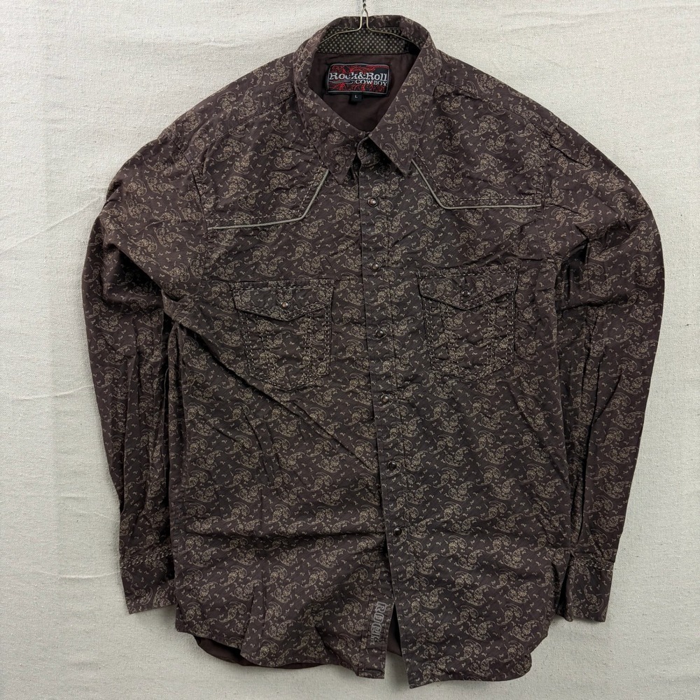 Rock & Roll Cowboy Western Snap Shirt Mens Large Brown Paisley Long Sleeve